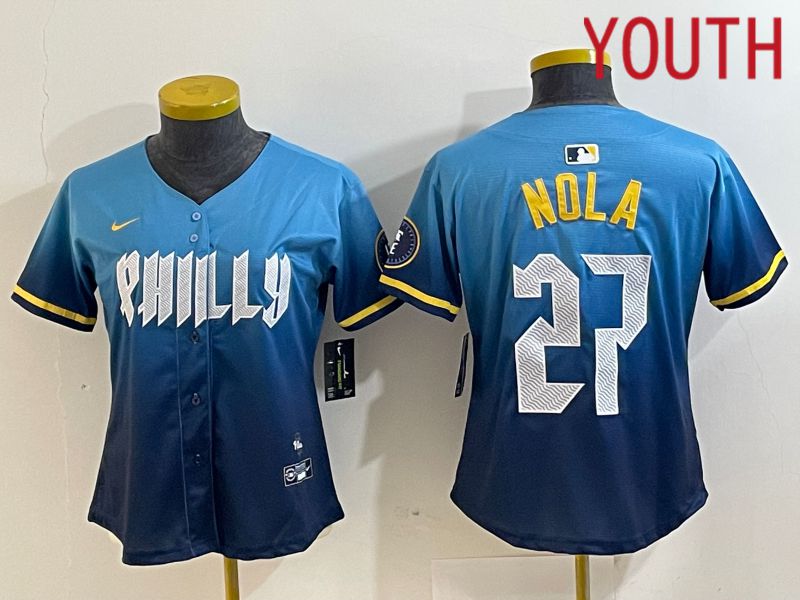 Youth Philadelphia Phillies #27 Nola Blue City Edition Nike 2024 MLB Jersey style 1->->Youth Jersey